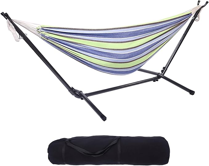 Hammock with Stand, Heavy Duty Hammock with Carrying Bag, Polyester Outdoor Hammocks for Outside Backyard, Camping, Garden, Yard, Patio, 250 lbs Weight Capacity (Green Stripes)