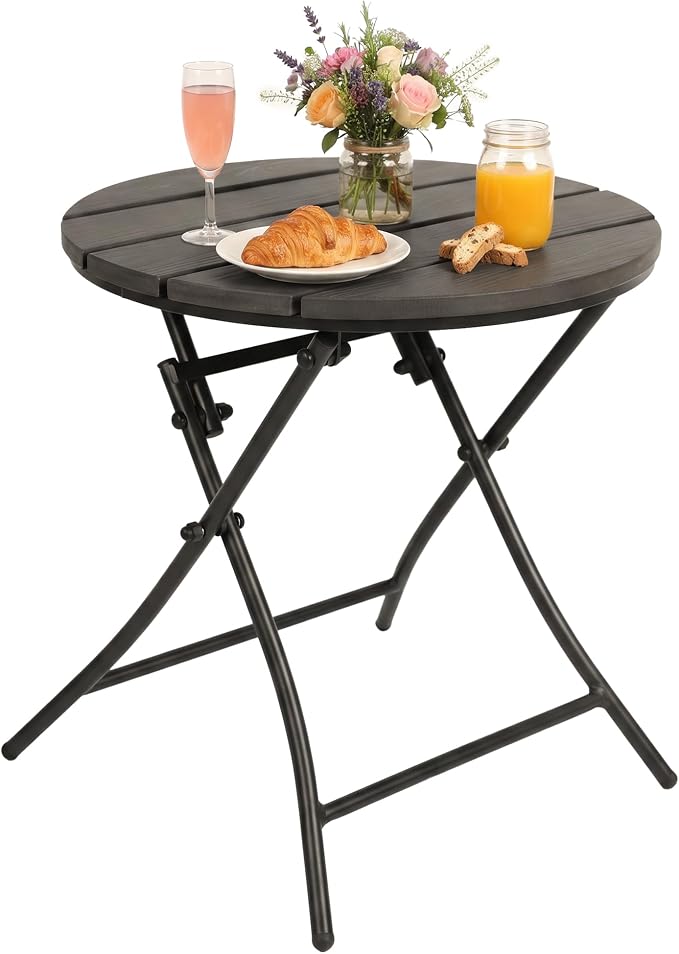 TeoKJ Folding Black Small Outdoor Side Tables, HDPS Patio Table with Metal Legs, Outdoor Small Round Table for Garden,Deck, No Assembly Patio Table Round Nightstand for Porch Yard Balcony Deck Lawn