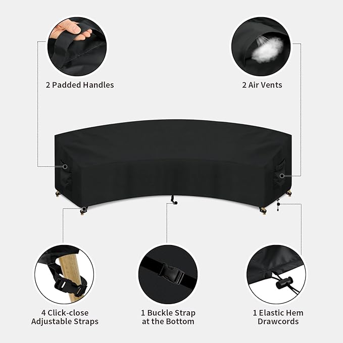 PureFit Outdoor Sectional Sofa Cover Waterproof Curved Patio Furniture Covers for Deck, Lawn and Backyard, 120Lx36Dx38Hx82FL, Black