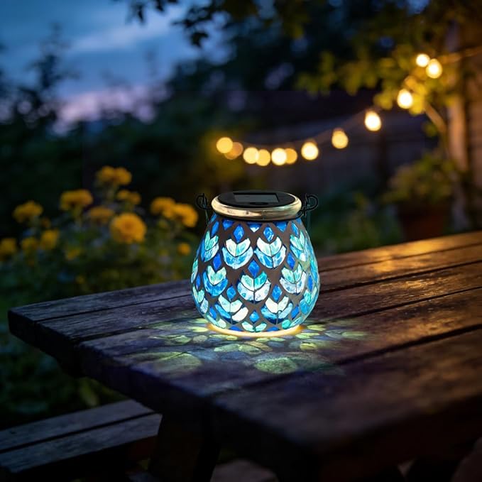Stargarden Mosaic Solar Lanterns, Table Lamp for Garden ,Patio,Yard Decor Blue Glass Hanging Lantern Waterproof Outdoor Hanging Solar Lights