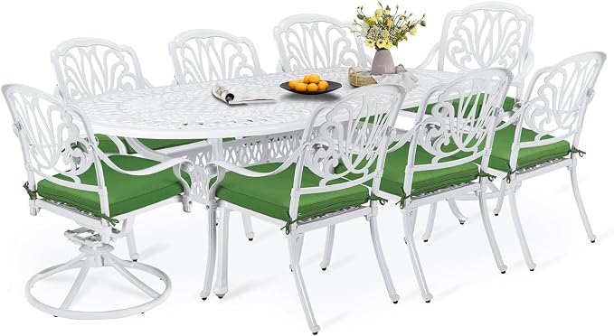 9-Piece Patio Dining Set, Outdoor Patio Table and Chair Set of 84” Oval Cast Aluminum Dining Table with Umbrella Hole, 6 Stationary, 2 Swivel Rocker Chairs, Patio Funiture Set, White