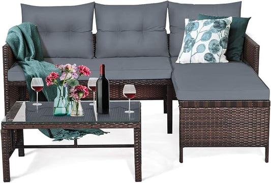 3 Pieces Patio Conversation Set, Outdoor Patio Corner Sofa Set, Rattan Wicker Sofa Set 3 PCS, Outdoor Couch Loveseat w/Coffee Table Cushions for Patio Garden Lawn Poolside (Grey)