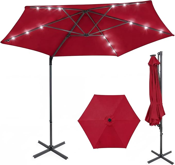 Tangkula 10ft Patio Umbrella with Solar Lights, Offset Cantilever Outdoor Umbrella with LED Lights, 360 Degree Rotation, Air Vent for Pool Deck Garden Backyard (Wine)