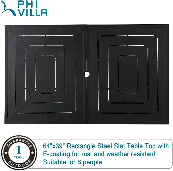 PHI VILLA 7 Pcs Outdoor Dining Set& 64" Rectangular | Metal Table w/ Umbrella Hole and 6 Stackable Dining Chairs.Perfect for Patio, Garden, Deck, Porch, and Yard