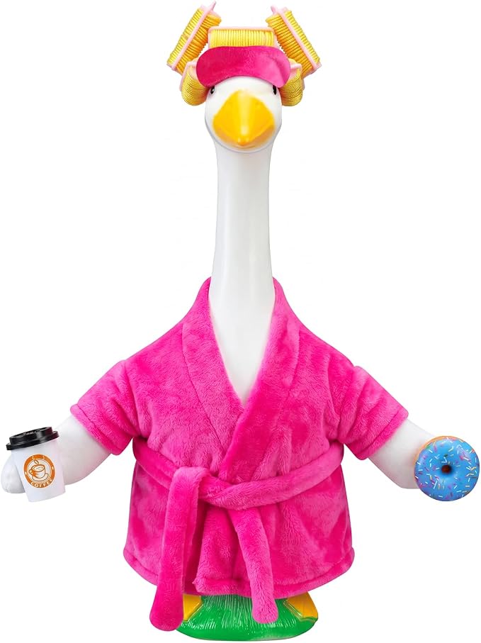 Lady Porch Goose Outfits, Spring Summer Porch Goose Clothes for 23 inch Goose Statue, Bathrobe Goose Costume with Curlers, Sleep Mask, Coffee, Donut for Lawn, Yard, Garden, Outdoor Patio, Home Decor