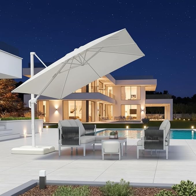PURPLE LEAF 9 FT Patio Umbrella With Base White Cantilever Umbrella Square Outdoor Offset Umbrella Windproof with 360° Rotation for Garden Deck Pool, White