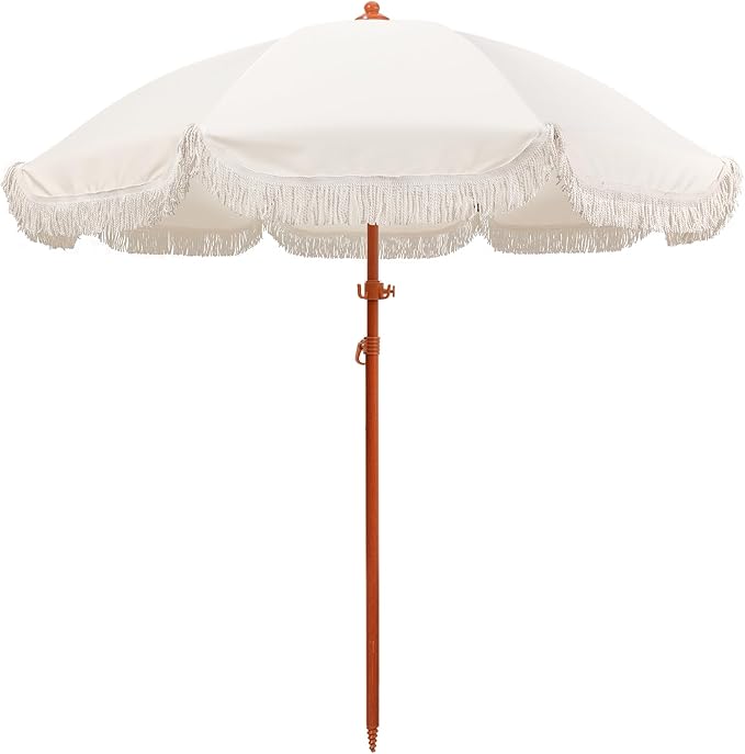 Jihfmo 7.3ft Boho Beach Umbrella with Integrated Sand Anchor & Reinforced 8mm Ribs – Heavy Duty Windproof Fringe Patio Umbrella, UPF 50+ Sun Shade with Tilt Mechanism & Carry Bag for Outdoor, Garden, Seaside (Cream/White)