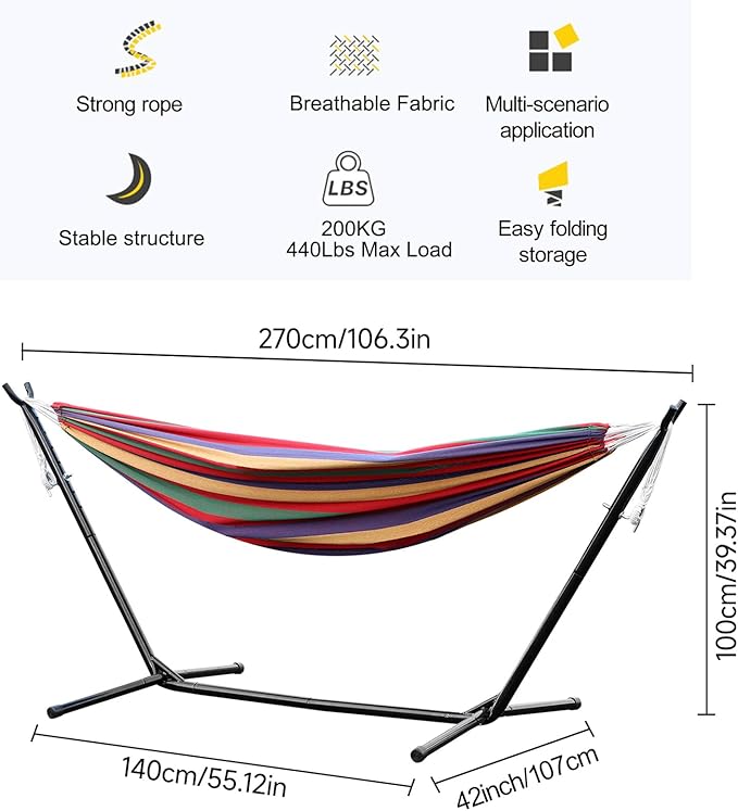 Portable Hammock with Stand for Outside, Heavy Duty Hammock 2 Person,Easy Assembly,440lbs Weight Capacity, Outdoor Double Hammocks for Patio, Garden, Backyard & Beach,Includes Carry Bag (Red)
