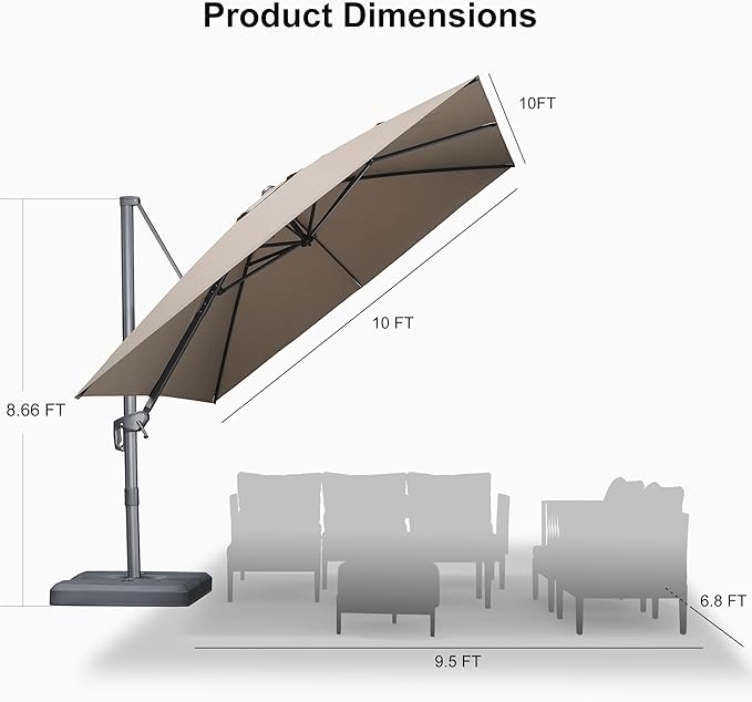 PURPLE LEAF Patio Umbrella 10' X 10' Cantilever Umbrella with Central Lights and Base Aluminum Outdoor Umbrellas with 360-degree Rotation & UPF40+ Fabric for Deck Pool Garden Yard, Ash Mocha