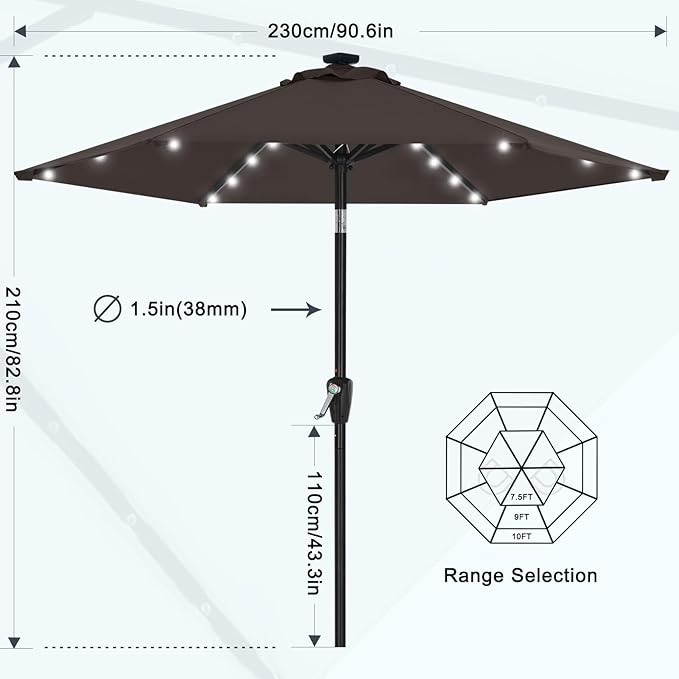 MASTERCANOPY 7.5FT 6Ribs Patio Umbrella with 32 Solar LED Lights, Outdoor Market Umbrella with Tilt & Crank, UV Protection & Fade Resistant Fabric, Easy Set-Up for Garden, Deck, Pool (Brown)