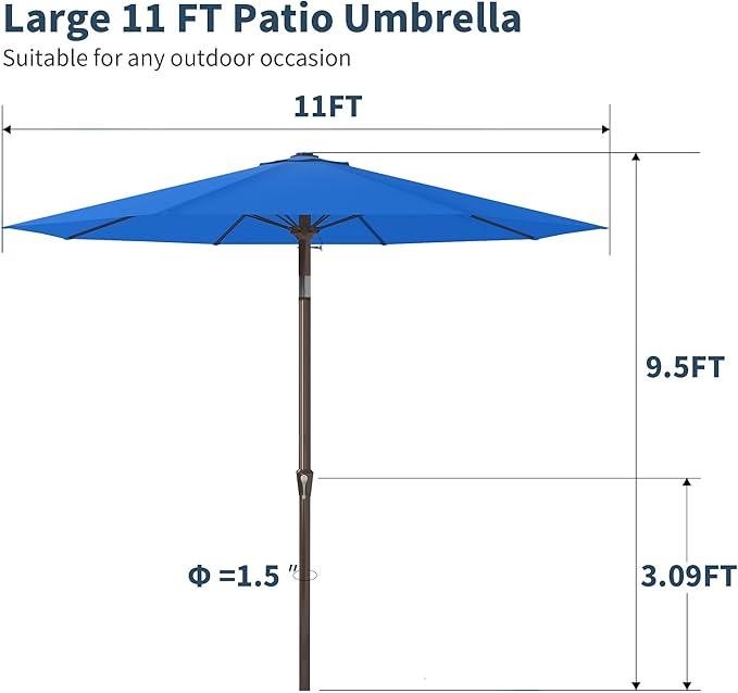 PatioKingdom 11FT Patio Umbrella,Outdoor Umbrella with Push Button Tilt and Crank,Market Table Umbrella with 8 Sturdy Fiberglass Ribs UV Protection