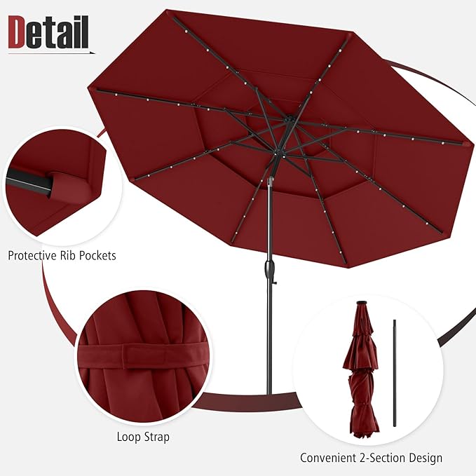 Tangkula 10 FT Solar LED Patio Umbrella, 3-Tier Vented Outdoor Market Table Umbrella with 32 LED Lights, Tilt Adjustment, Crank Handle, 8 Ribs for Backyard Pool Deck (Wine)