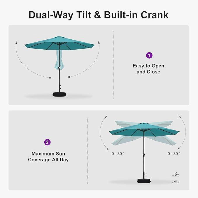 PURPLE LEAF 10' Round Patio Umbrella Outdoor Table Umbrella Aluminum Frame Market Umbrella with 8 Sturdy Ribs & Tilt for Garden Deck Lawn Pool Turquoise Blue