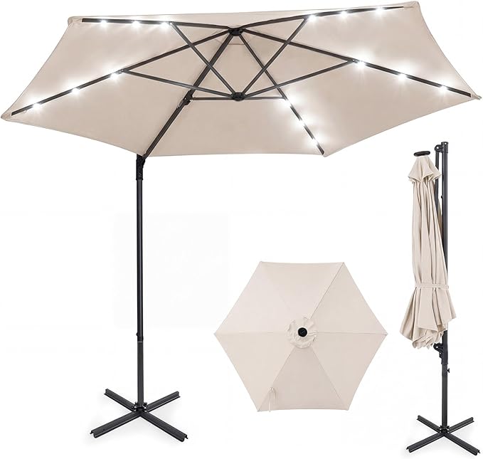 Tangkula 10ft Patio Umbrella with Solar Lights, Offset Cantilever Outdoor Umbrella with LED Lights, 360 Degree Rotation, Air Vent for Pool Deck Garden Backyard (Beige)