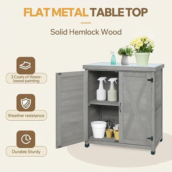 Gray Wood Outdoor Storage Box and Potting Bench with Metal Table Top, Weather-Resistant Deck Box for Patio Garden Tools, Sturdy X-Frame Work Station, 31 x 17 x 36 Inches