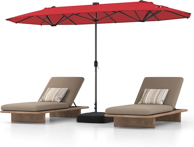 HAPPYGRILL Double-Sided Patio Umbrella with Solar Lights, 13FT Large Umbrella with Base Included, Crank Handle, Market Twin Table Umbrella for Outdoor Backyard Garden Poolside