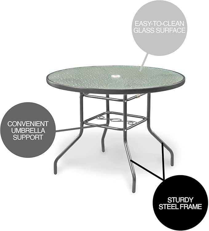 Garden Elements Sienna Outdoor Collection Patio Set, 40-inch Glass Top Steel Table with 4 Chairs, Gray (5-Piece Set)