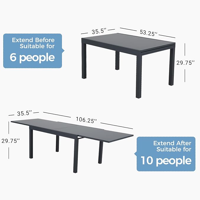 Grand patio 7-Piece Expandable Table Dining Set for 6 to 10, Aluminum Outdoor Dining Table with Glass Tabletop, Metal Woven Wicker Fixed Patio Chairs with Cushions for Yard, Poolside, Deck (Brown)