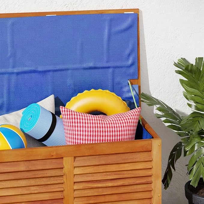 Garden Storage Box Solid Wood Acacia 35.4"x19.7"x22" Outdoor Patio Deck Yard Bench Chest with Louvered Lid Weather Resistant Cushion Container
