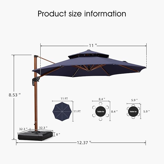 PURPLE LEAF Cantilever Umbrella with Base Outdoor Round Umbrellas Large Cantilever Parasol Windproof Offset Heavy Duty Sun Umbrellas for Garden Deck Pool Patio, 11ft Navy Blue