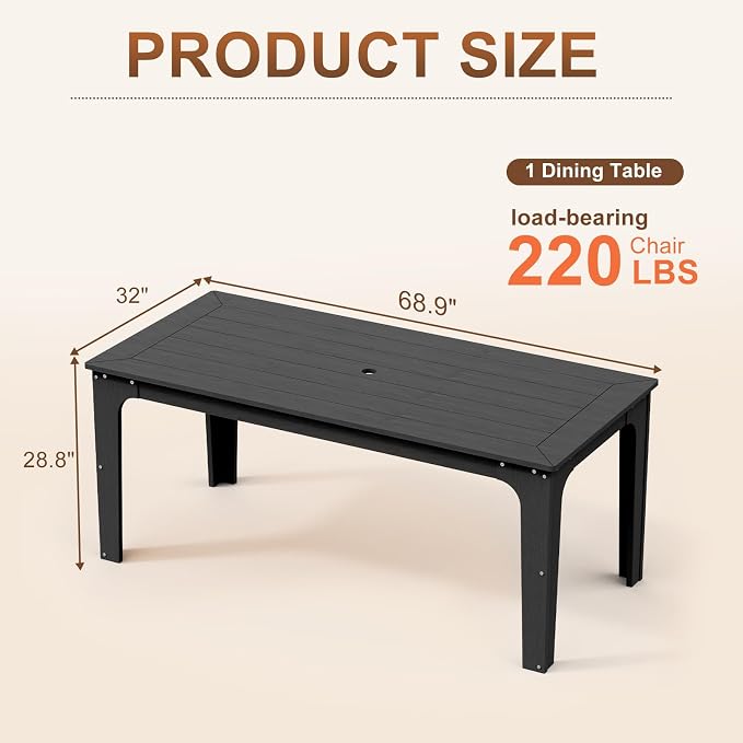 69" HDPE Rectangle Outdoor Dining Table for 6 Person, Black | Weather-Resistant Patio Furniture with Metal Support Bars and Umbrella Hole Cut-Out for Poolside Garden Backyard Deck