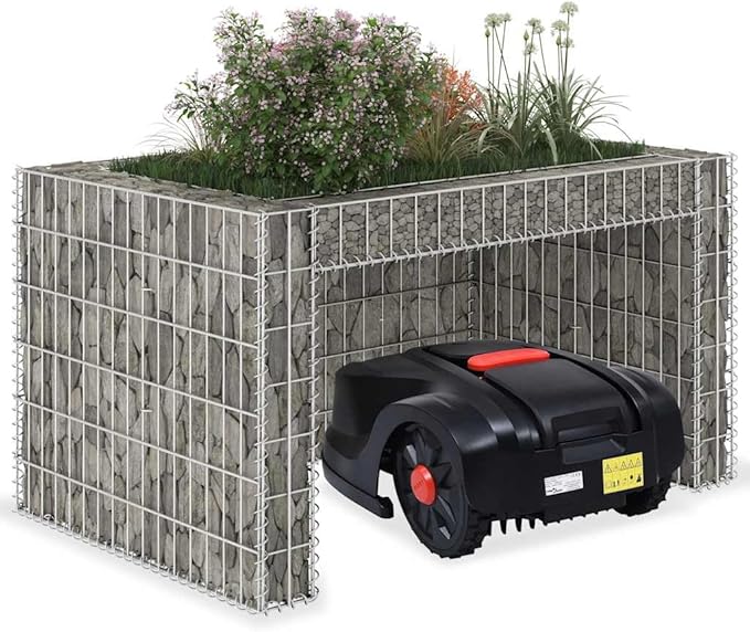 Lawn Mower Garage with Raised Bed, Robotic Mower Shelter for Garden, Outdoor Steel Wire Storage Shed, 43.3 x 31.5 x 23.6 Inches, Silver