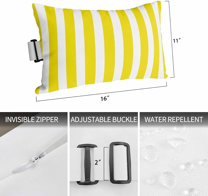 Yellow Striped Outdoor Chaise Lounge Head Pillow with Insert,Modern Farmhouse Yellow White Stripes Waterproof Headrest Lumbar Pillow Cusion Cover with Elastic Strap for Patio Recliner,11"x16" 2PCS