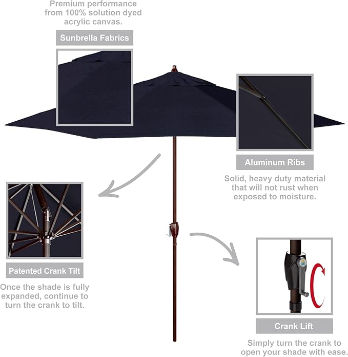California Umbrella 12-Year Protection 9-Ft Outdoor Patio Umbrella, Sunbrella Fade-Resistant Acrylic Fabric, Auto Tilt and Crank, Heavy-Duty Aluminum Frame/ Reinforced Ribs, Bronze Pole,Navy