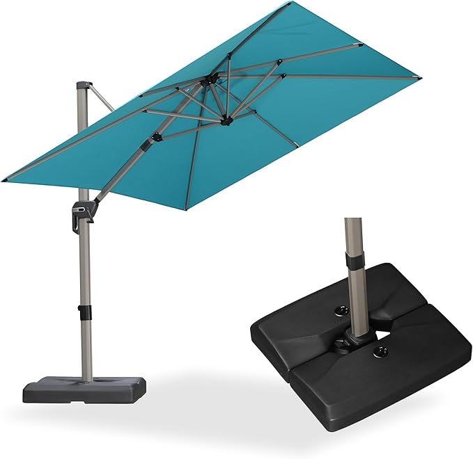 PURPLE LEAF Patio Umbrella with Base Included, 8ft Outdoor Aluminum Cantilever Umbrella with 360° Rotation, Champagne Offset Umbrella for Outdoor Garden Pool, Turquoise Blue