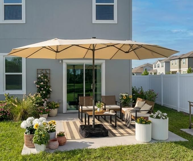 PURPLE LEAF 14ft Patio Umbrella Outdoor Double-Sided Umbrella with Base and Crank Rectangle Market Table Umbrella for Pool Deck Garden, Khaki
