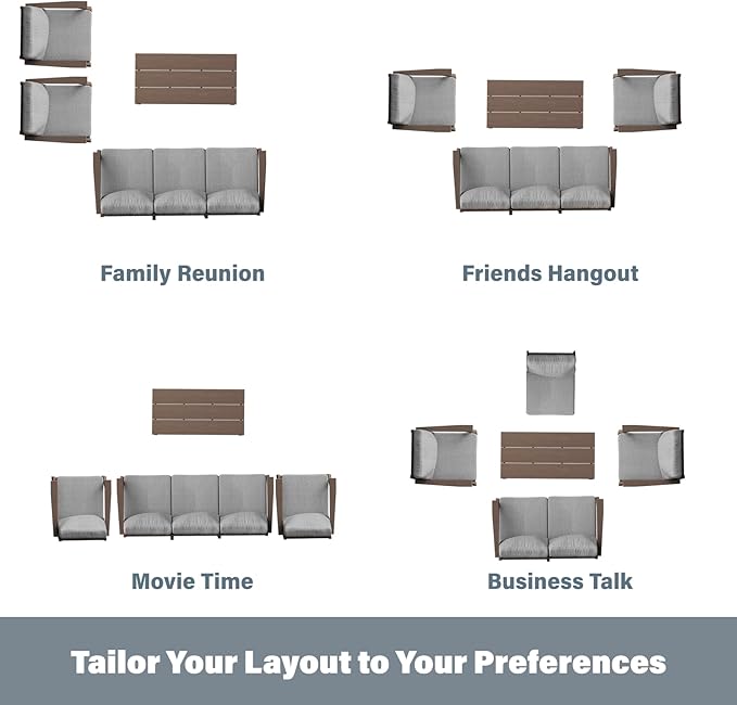 HDPE Patio Conversation Set, 6-Piece All Weather Outdoor Furniture Set with 2 Single Armchairs for Deck, Lawn, with Cushion, Brown