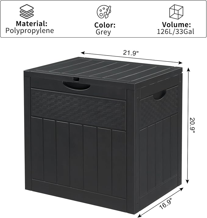 33 Gallon Small Deck Box Outdoor Storage Cube, Rattan Plastic Resin Garden Storage Box Chest, Patio Side Table for Cushions, Charcoal & Garden Tools, Gray