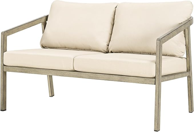 Outdoor Patio Loveseat, Never-Rust Aluminum Outdoor Loveseat Couch with Thick Cushions, Modern 2-Seater Patio Sofa Bench, Outdoor Sofa Loveseat Furniture for Poolside, Garden, Gray Oak
