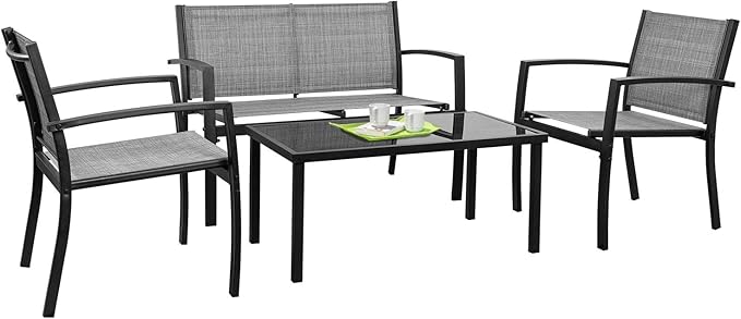 Tuoze 4 Pieces Outdoor Patio Furniture Set Conversation Set with Glass Coffee Table Bistro Set with Loveseat Garden Yard Lawn and Balcony (Grey)