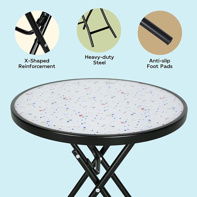 Abba Patio Bistro Table,18" Round Folding Side Table with Tempered Glass Tabletop,Small End Table for Outdoor Indoor Yard Garden Balcony Coffee, Colored Dots