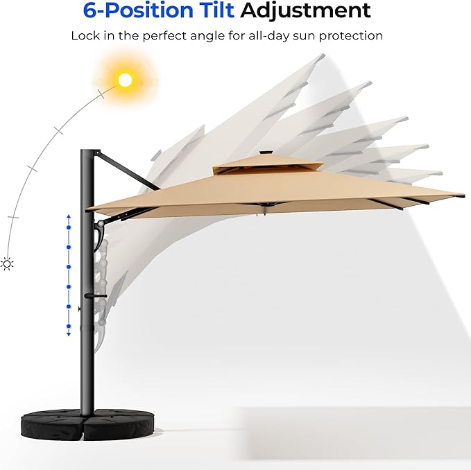 HOMSHADE 10 ft Square Cantilever Patio Umbrella with Base Included, Solar Lights Large Umbrella Outdoor Patio with 360°Rotation&Tilting, LED Lighted Offset Umbrellas w/Stand for Pool Deck