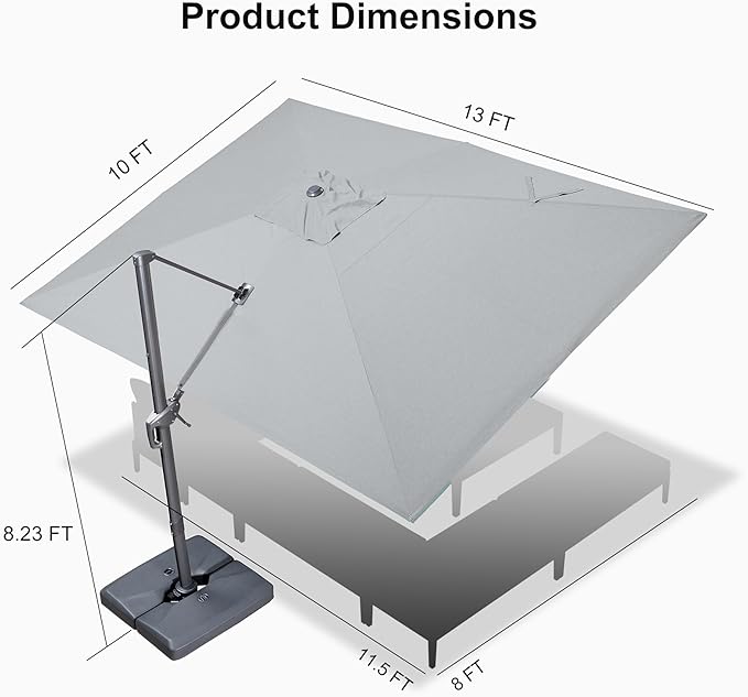 PURPLE LEAF Patio Umbrella 10' X 13' Rectangle Umbrella with Central Lights and Base Large Aluminum Outdoor Umbrellas with 360-degree Rotation & UPF40+ Fabric for Deck Pool Garden Yard, Pebble Grey