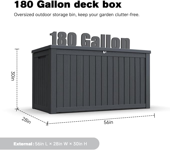 Large Outdoor Storage Deck Box, Resin Patio Container with Lockable Lid, Hydraulic Lift, Wood Texture Panels, Bench Table Function for Cushions Garden Tools Pool Gear Sports Equipment (180 Gallon)