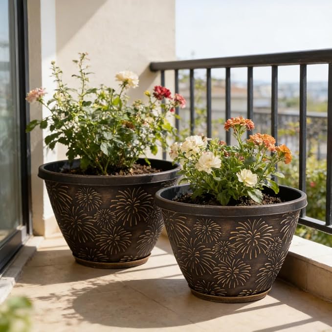 4 Pack 10 Inch Plant Pots with Drainage Holes and Saucers, Antique Gold Firework Embossed Resin Planters, Weather-Resistant Flower Pots for Indoor Outdoor Plants, Herbs, Pothos, Patio Home Decor