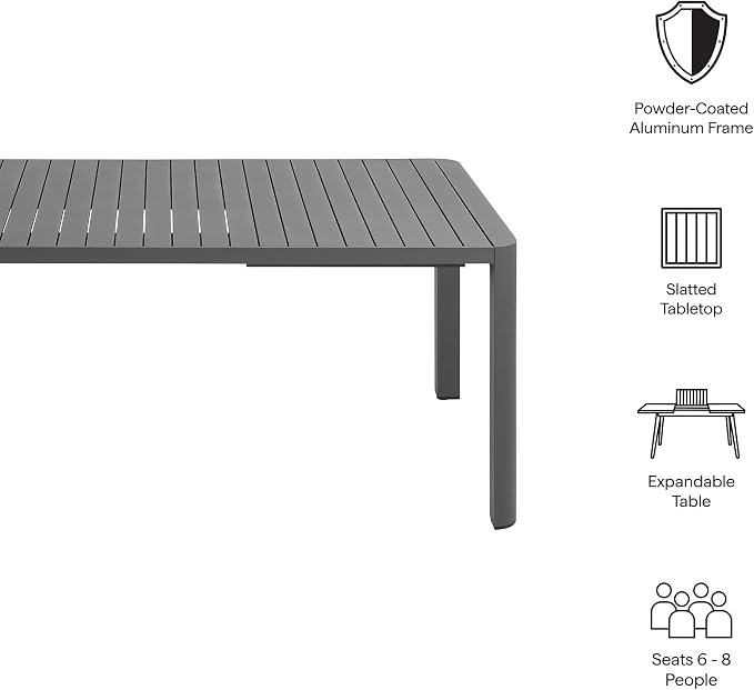 Modway Tahoe Extendable Outdoor Patio Dining Table for 6-8 People in Gray