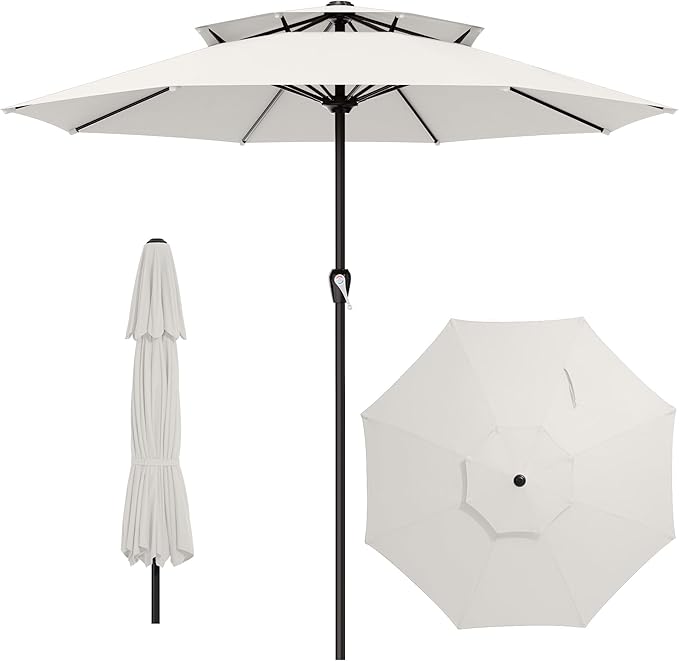 AreShark 12ft 2 Tiers Patio Umbrella - Outdoor Umbrella Waterproof UV Protection, Market Table Umbrella w/ 8 Sturdy Ribs&Crank for Pool, Porch, Garden(Ivory)
