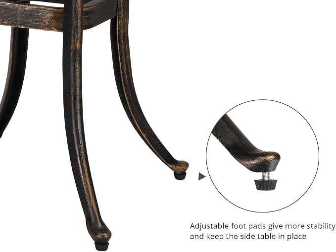 Patio Side Table,21.3” Outdoor Side Table, Cast Aluminum All-Weather Patio Side Table Small Outdoor Table Bistro Table with Umbrella Hole and Antique Design for Outside, Porch, Balcony, Patio, Bronze