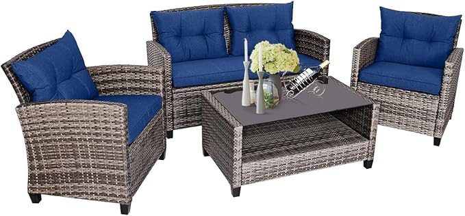 Tangkula 4 PCS Patio Wicker Conversation Furniture Set, Outdoor Rattan Sofa Set with Padded Cushion & Tempered Glass Coffee Table, Wicker Sectional Sofas & Table for Courtyard Balcony Garden (1, Navy)