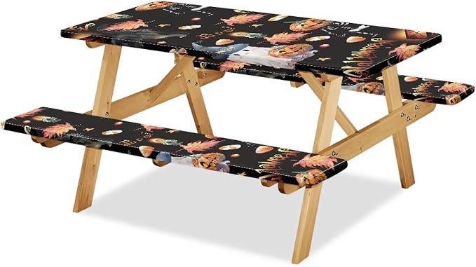 Halloween Picnic Table Cover with Bench Covers Ghost Pumpkin Outdoor Camping Essentials 3PCS Fitted Rectangle Table Covers for Family Gatherings Vacations BBQ Party