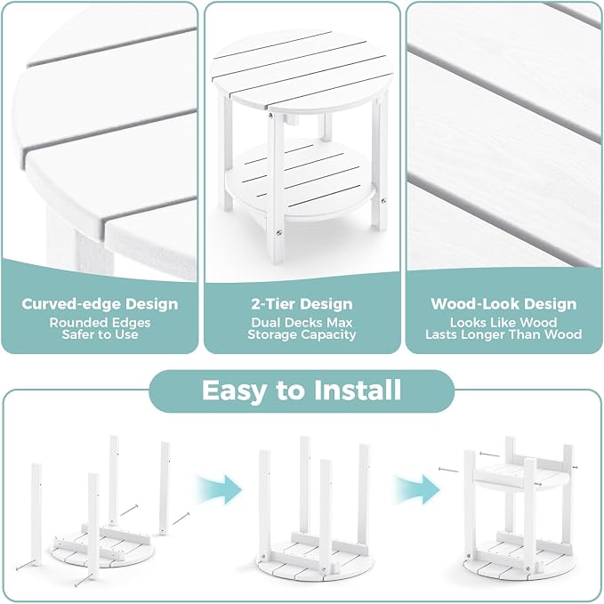 Outdoor Side Table, Adirondack Round 2-Tier Patio Table, Easy Maintenance & Weather Resistant, HDPE End Table for Backyard, Pool, Patio, Porch, White