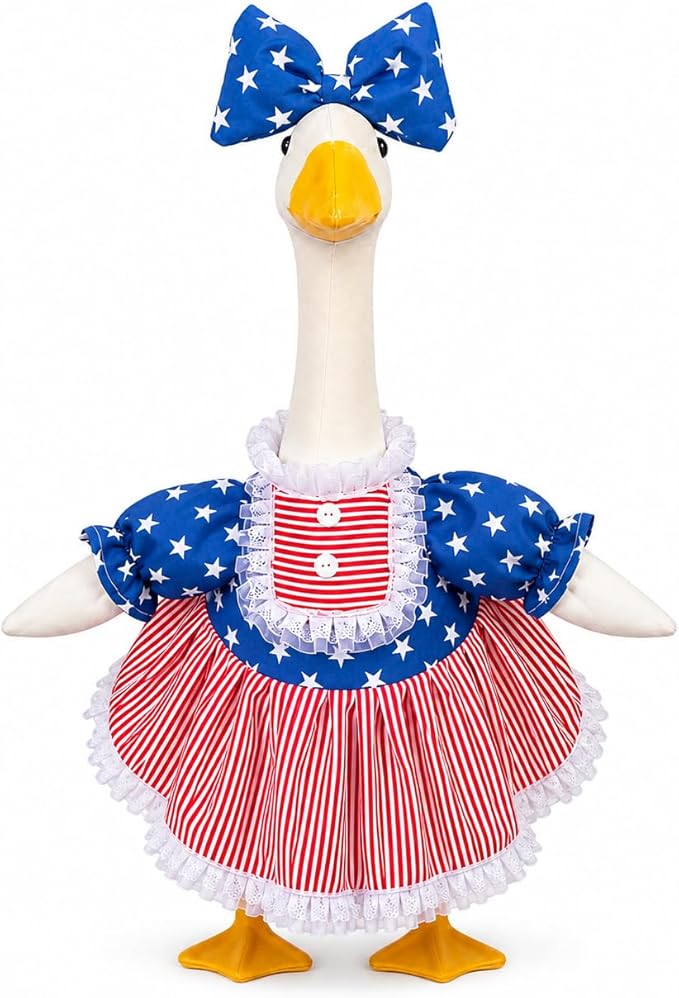 4th of July Porch Goose Outfits for 23 Inch Goose Statue, Patriotic Red White and Blue Porch Goose Dress with Star Bow, Summer Sculpture Clothes for Independence Day Garden Patio Decor