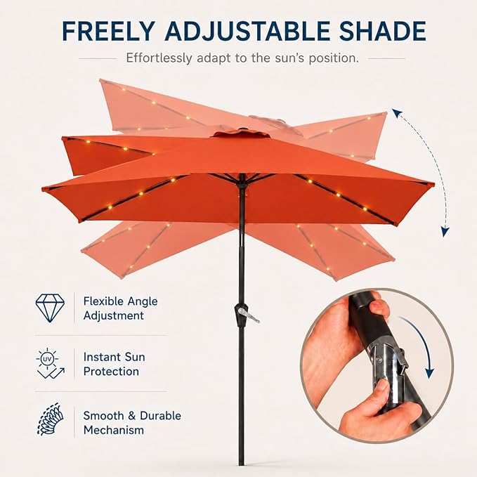 6.5 x 10ft Rectangular Patio Umbrella with Solar Lights, 16 LED Lighted Market Umbrella with Push-Button Tilt and Crank, 6 Sturdy Iron Ribs for Garden, Deck, Pool, Terracotta