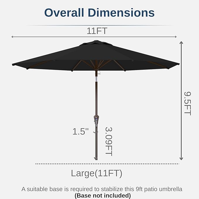 11FT Patio Umbrella, Outdoor Umbrella with with 8 Sturdy Fiberglass Ribs,Market Table Umbrella with Push Button Tilt and Crank,Suit for Backyard,Garden,Pool,Deck(Black)