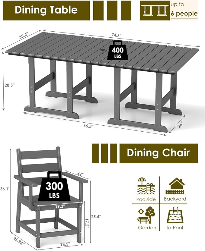 GREENVINES 7-Piece-Outdoor-Table-and-Chairs | HDPE | Patio Furniture | Dining Sets for 6 | Removable Armrests | All Weather | Connectable Tables | for Backyard Poolside Garden | Grey