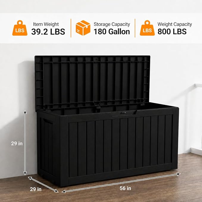 LAUSAINT HOME 180 Gallon XXL Outdoor Deck Box, Waterproof Resin Storage Box Bench with Lock, Large Patio Cushion Storage, Garden Tool Organizer, Pool Storage Container, 3-Person Seat, Black